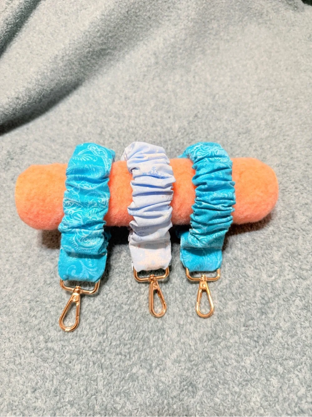 Set Hand keychains Scrunchie Bag Strap Set in Aqua and Light Blue with Gold